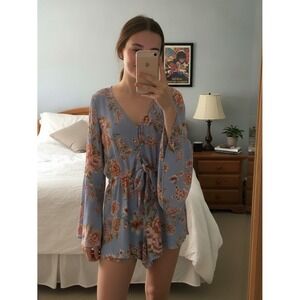 Billabong Floral Bell Sleeve Romper Womens Medium Blue Boho Very Good J211KSIT